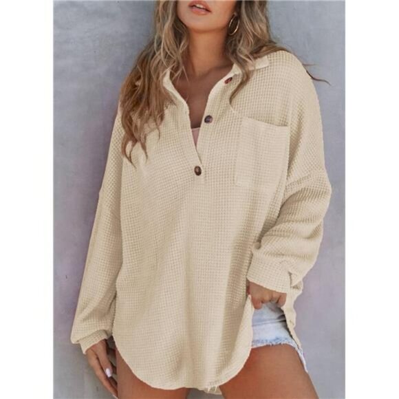Waffle Knit Henley Top Women Long Sleeve V Neck Tunic Oversized Shirt Casual - Picture 2 of 6